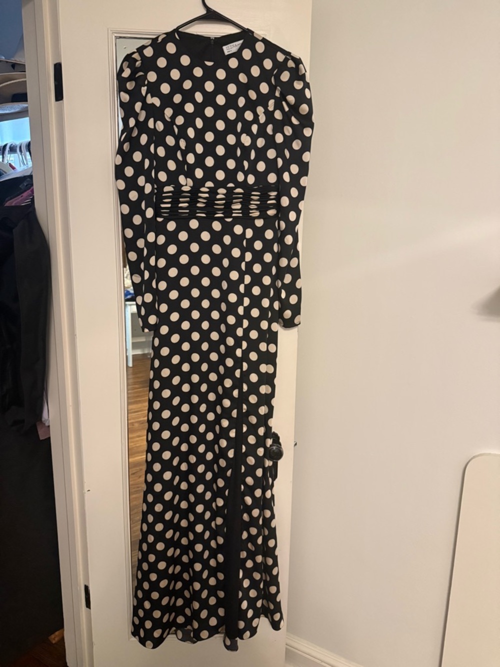 Mac Duggal Black and White Polka Dot Long Sleeve Maxi Jumpsuit